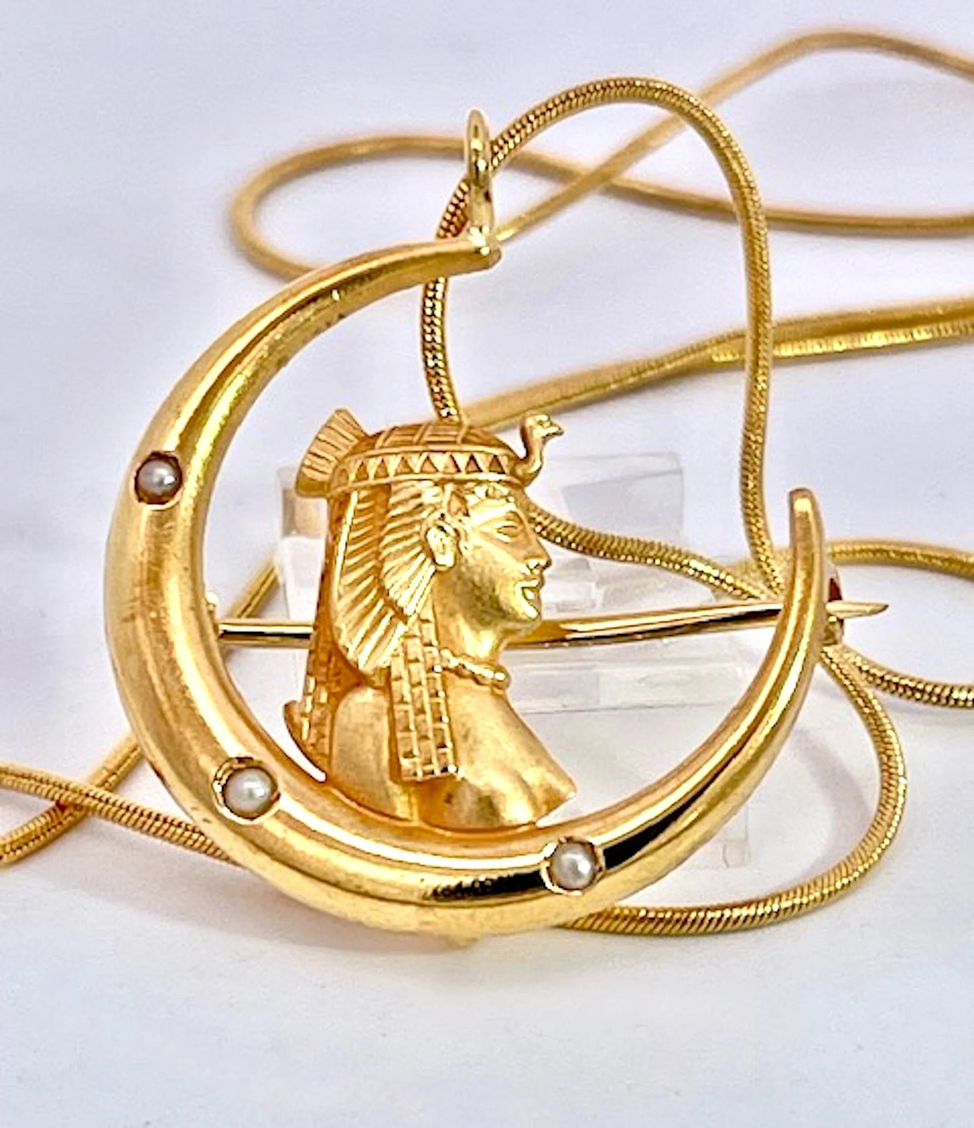 Egyptian Revival Pharoah on Crescent Moon 14K