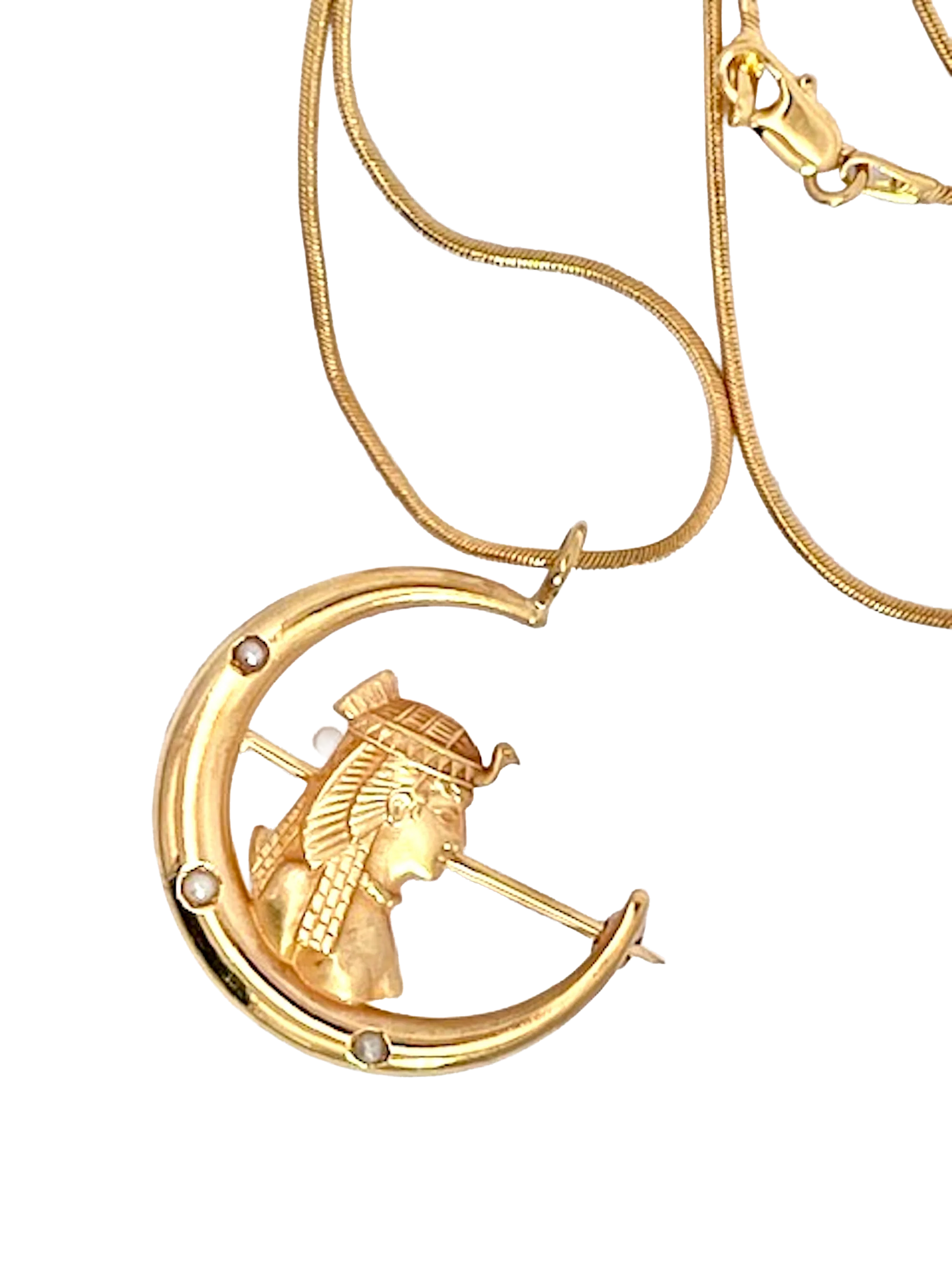 Egyptian Revival Pharoah on Crescent Moon 14K