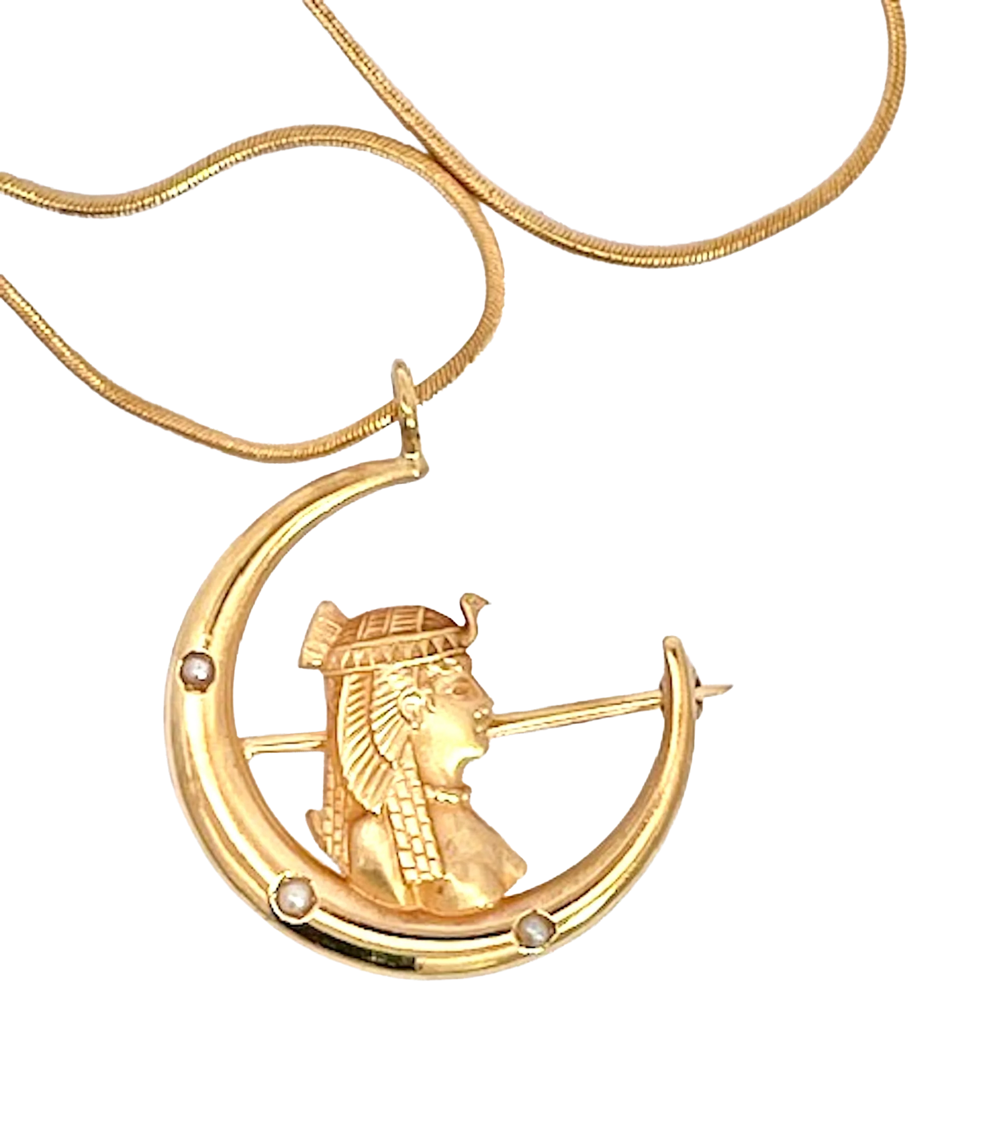 Egyptian Revival Pharoah on Crescent Moon 14K