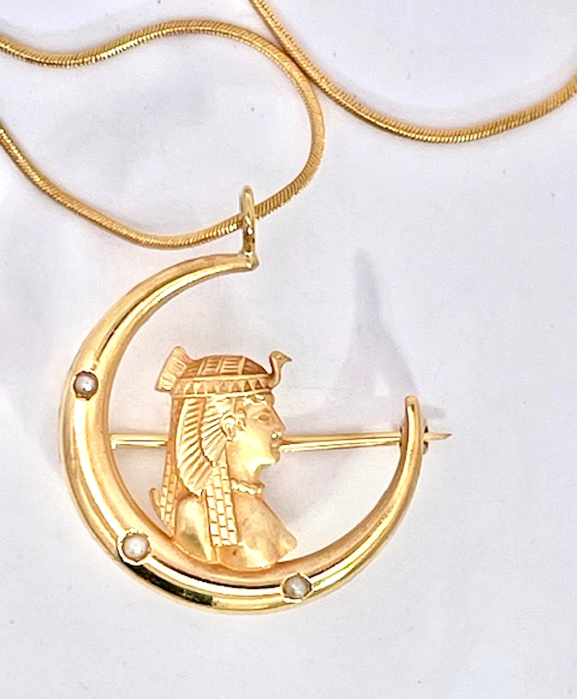 Egyptian Revival Pharoah on Crescent Moon 14K