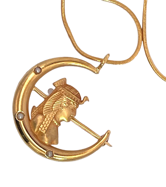 Egyptian Revival Pharoah on Crescent Moon 14K