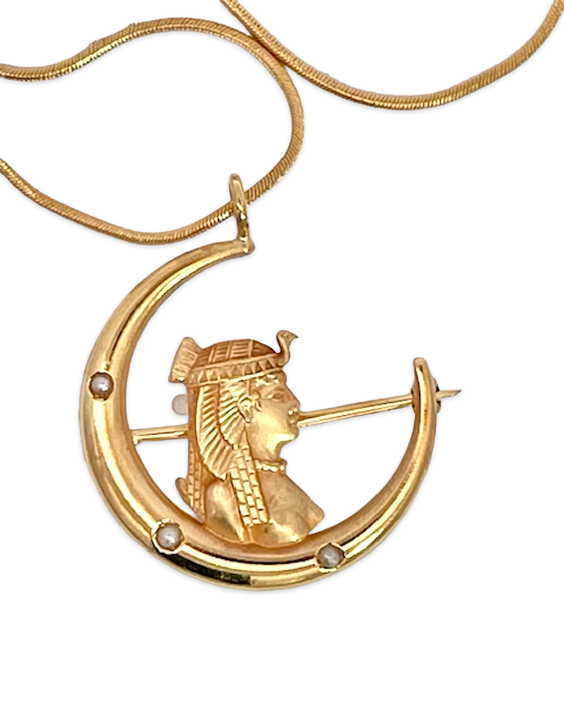 Egyptian Revival Pharoah on Crescent Moon 14K