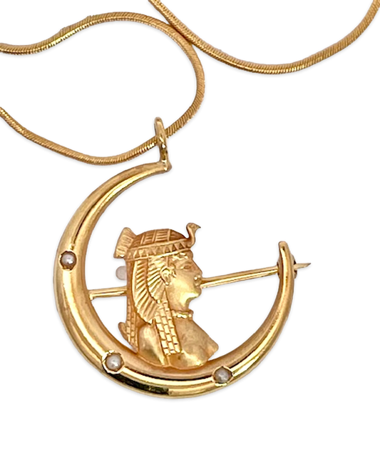 Egyptian Revival Pharoah on Crescent Moon 14K