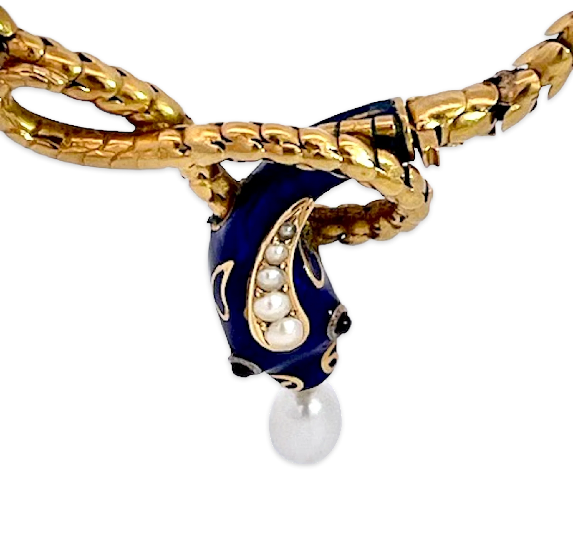 Snake Necklace 15K Yellow Gold Cobalt Blue Enamel 17