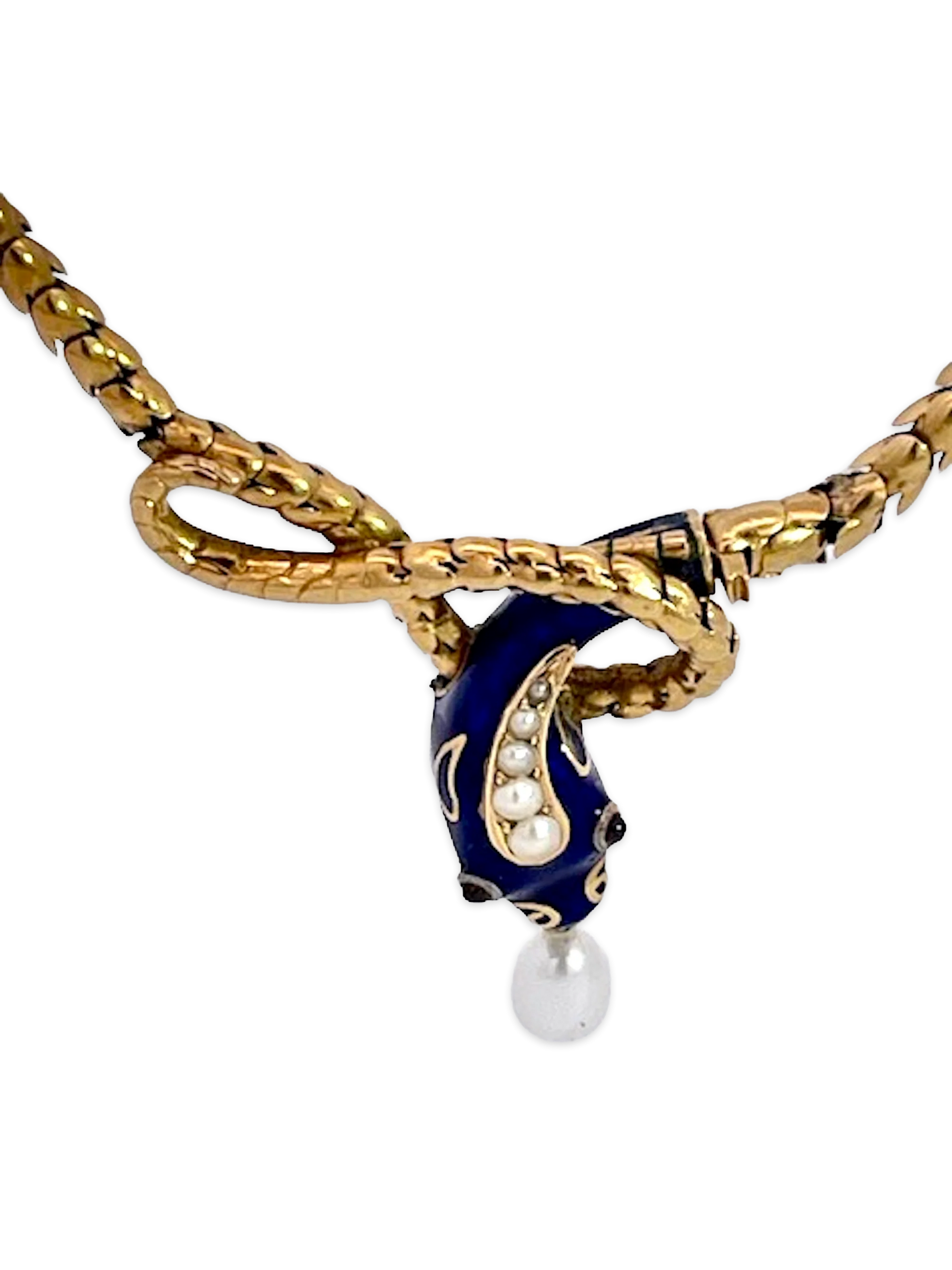 Snake Necklace 15K Yellow Gold Cobalt Blue Enamel 17