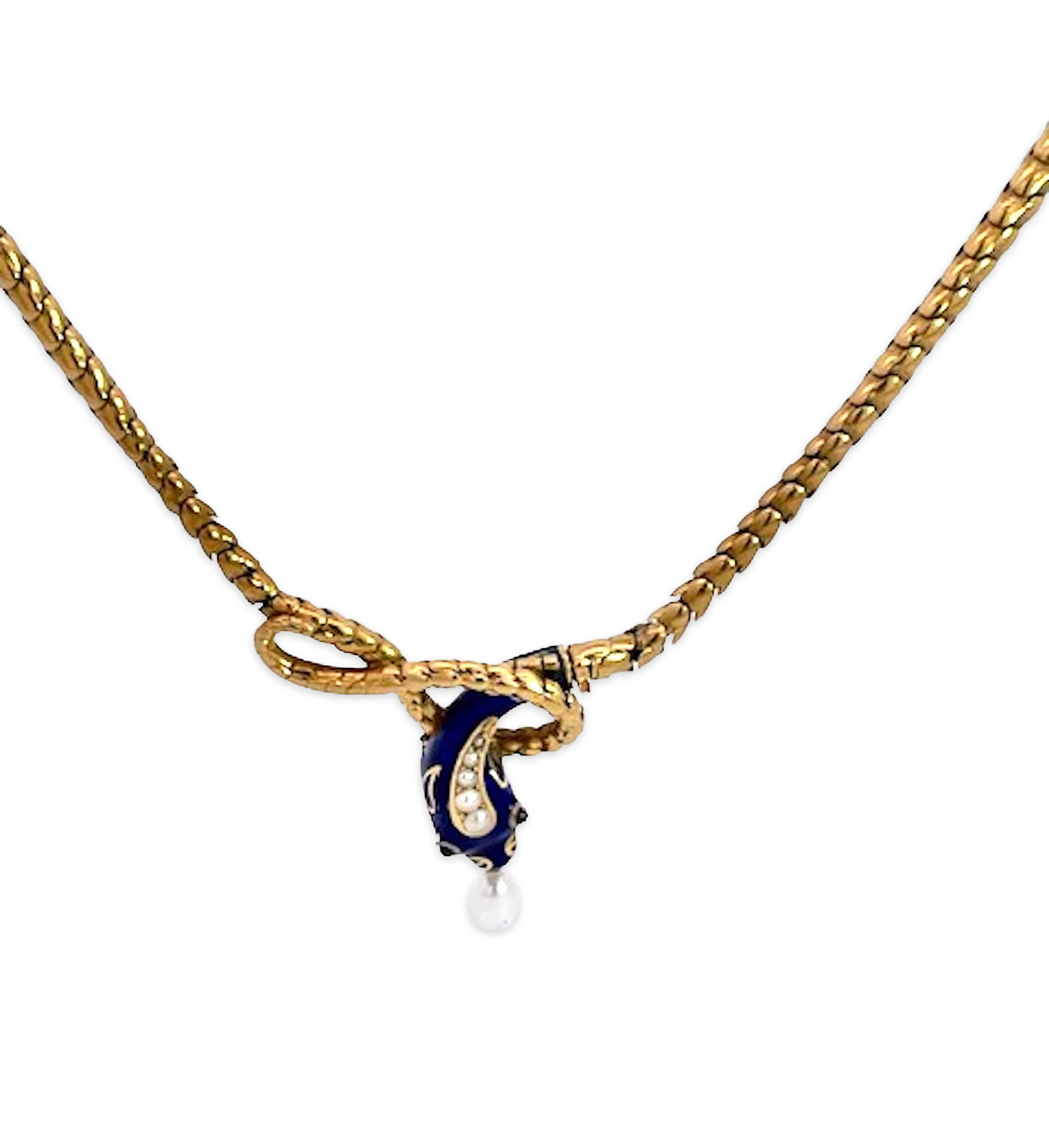 Snake Necklace 15K Yellow Gold Cobalt Blue Enamel 17
