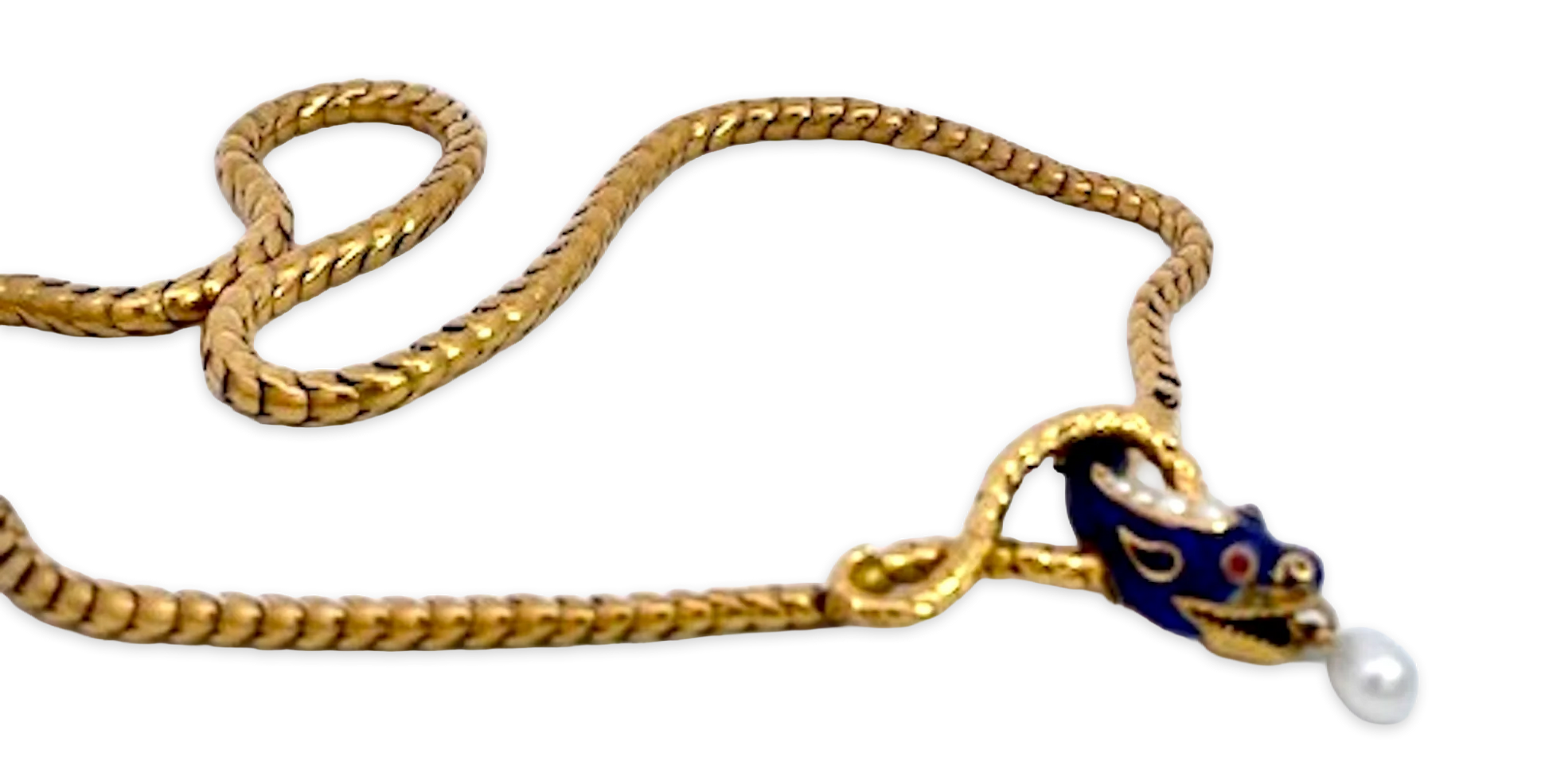 Snake Necklace 15K Yellow Gold Cobalt Blue Enamel 17