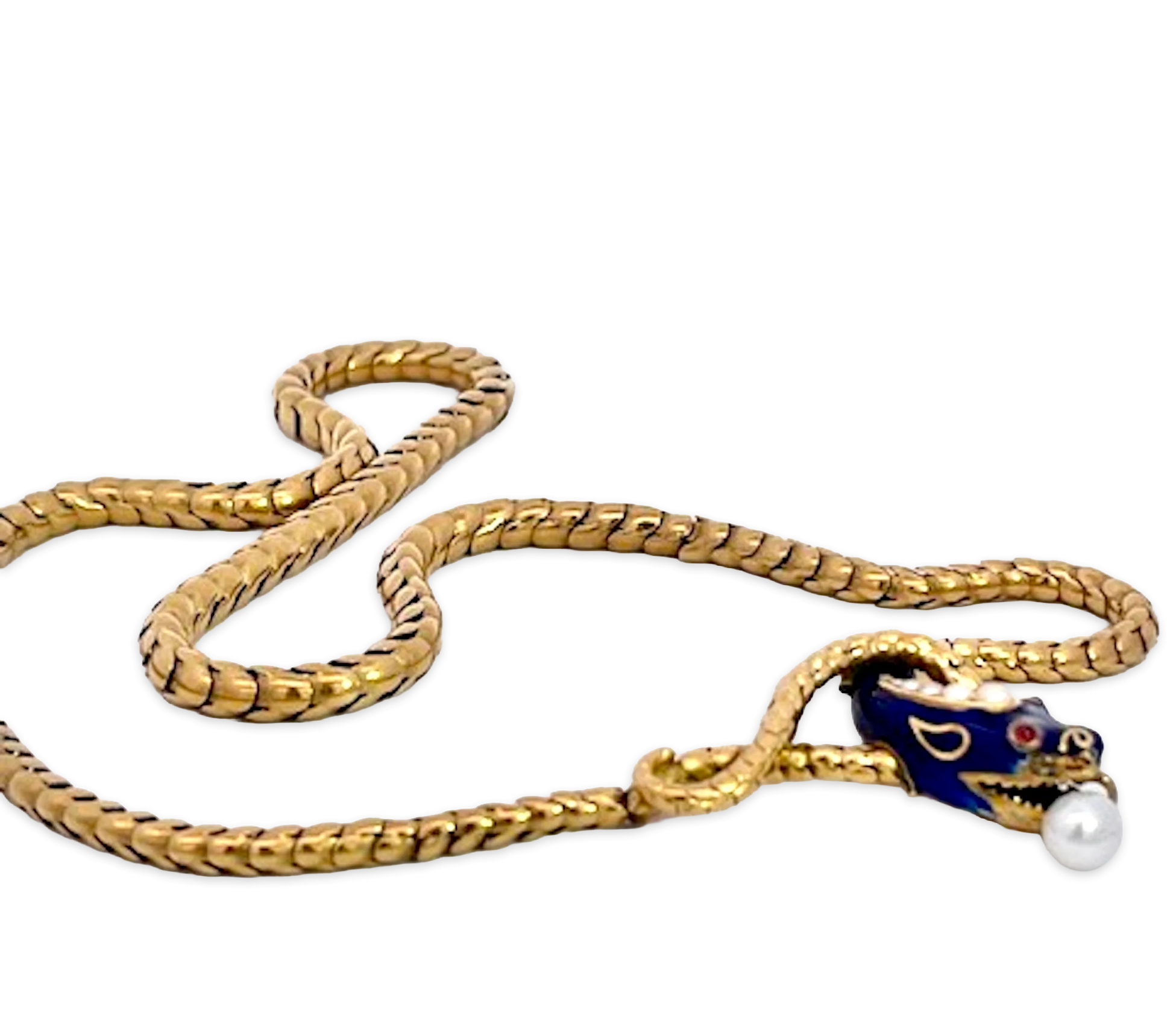 Snake Necklace 15K Yellow Gold Cobalt Blue Enamel 17