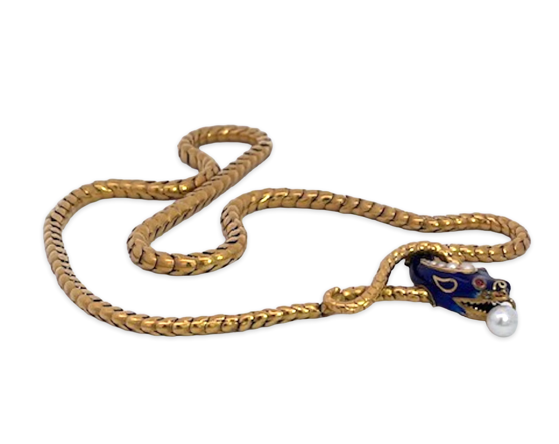 Snake Necklace 15K Yellow Gold Cobalt Blue Enamel 17