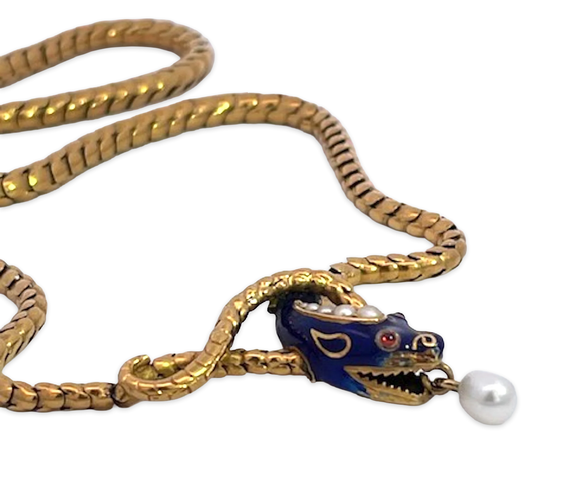 Snake Necklace 15K Yellow Gold Cobalt Blue Enamel 17
