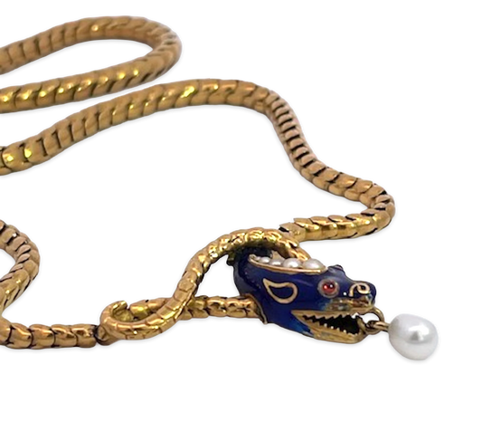 Snake Necklace 15K Yellow Gold Cobalt Blue Enamel 17