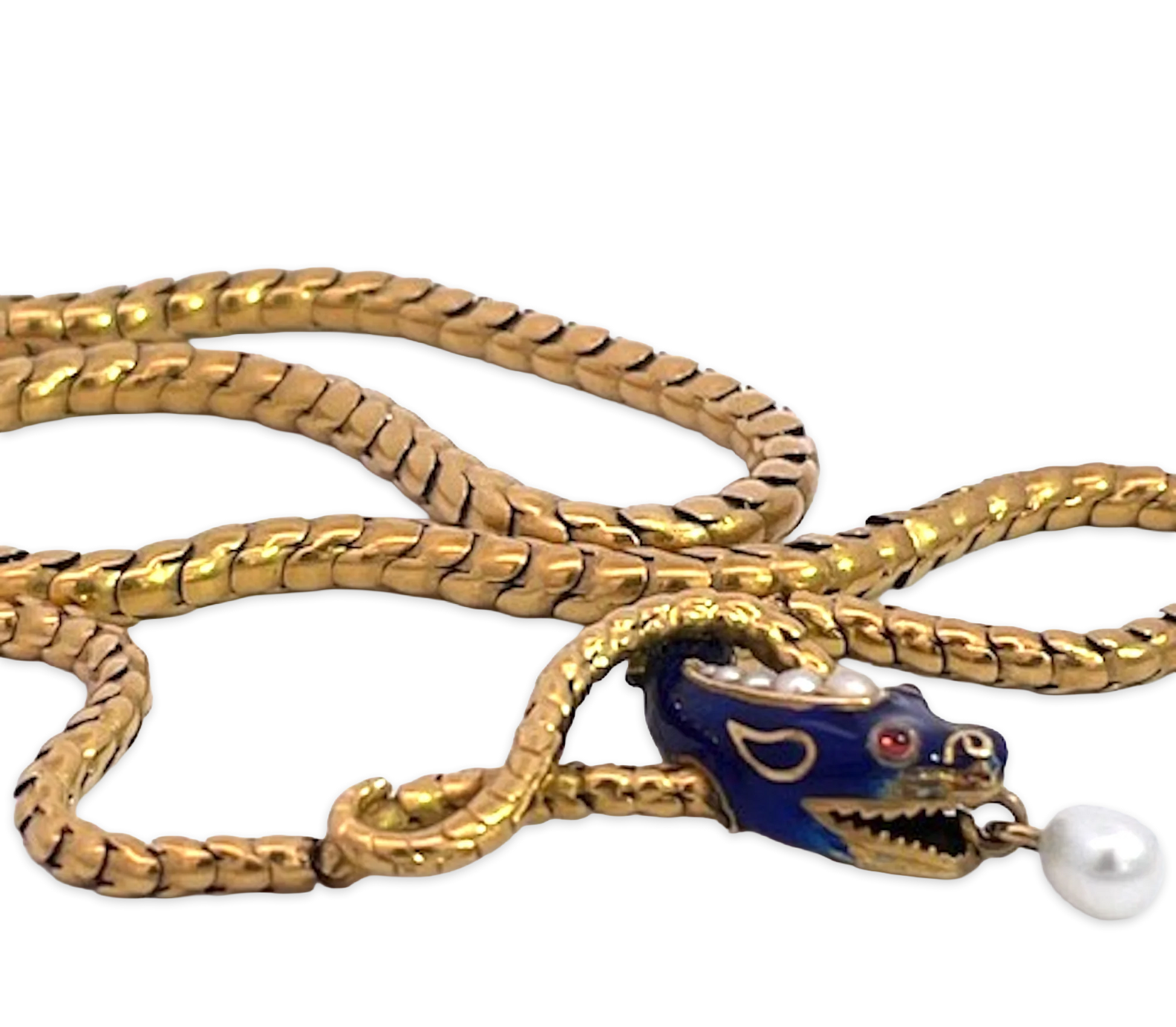 Snake Necklace 15K Yellow Gold Cobalt Blue Enamel 17