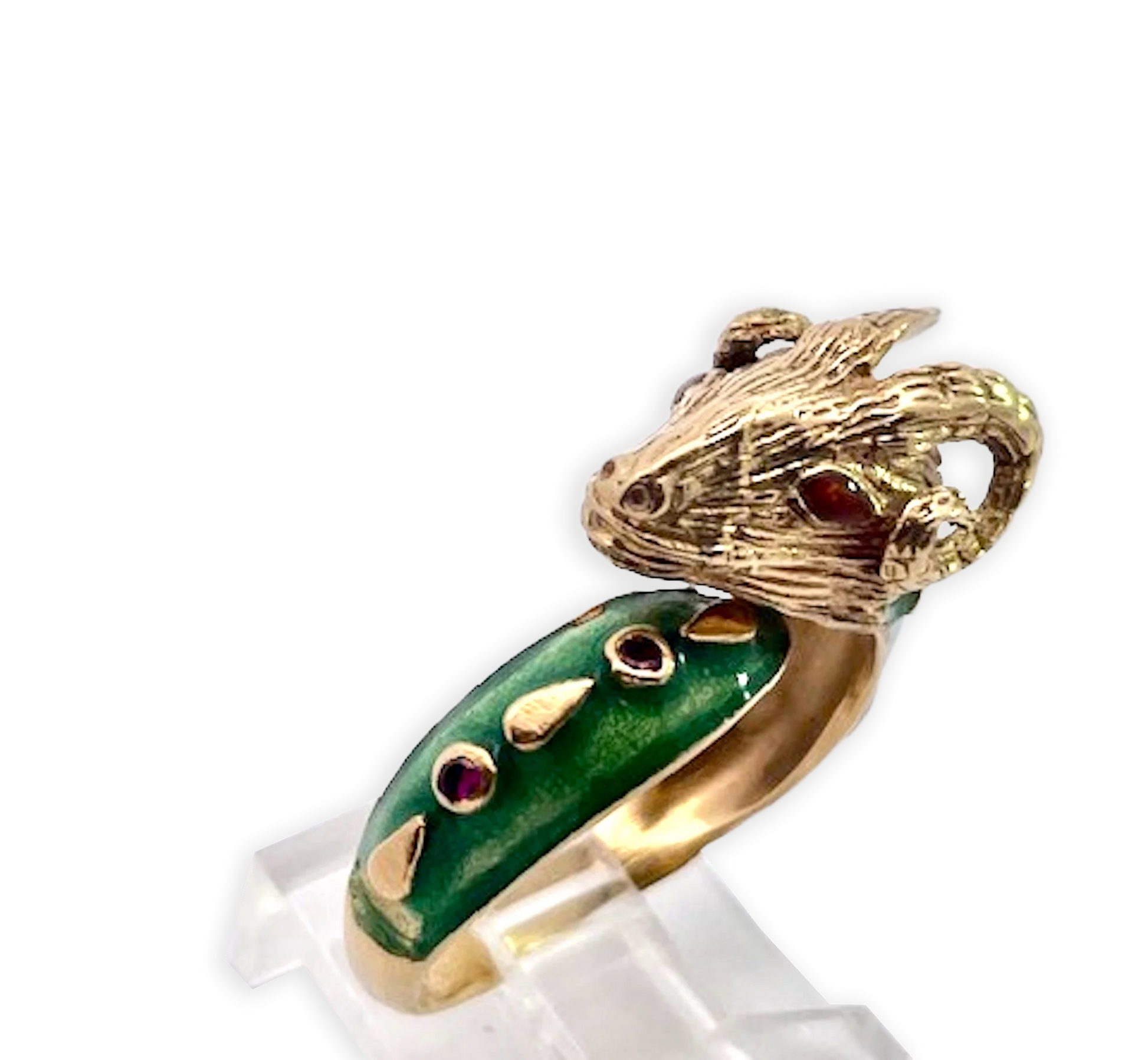 Enamel Ram Ring with Rubies 14 & 18K Yellow Gold