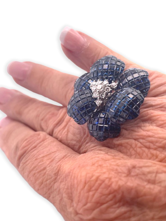 Huge Sapphire Diamond Flower Ring 18K