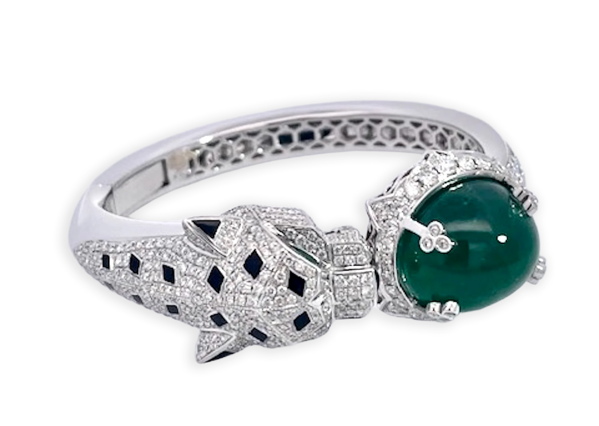 Emerald Diamond Onyx Panthere Bracelet with Large Cabochon Emerald 29.78 cts