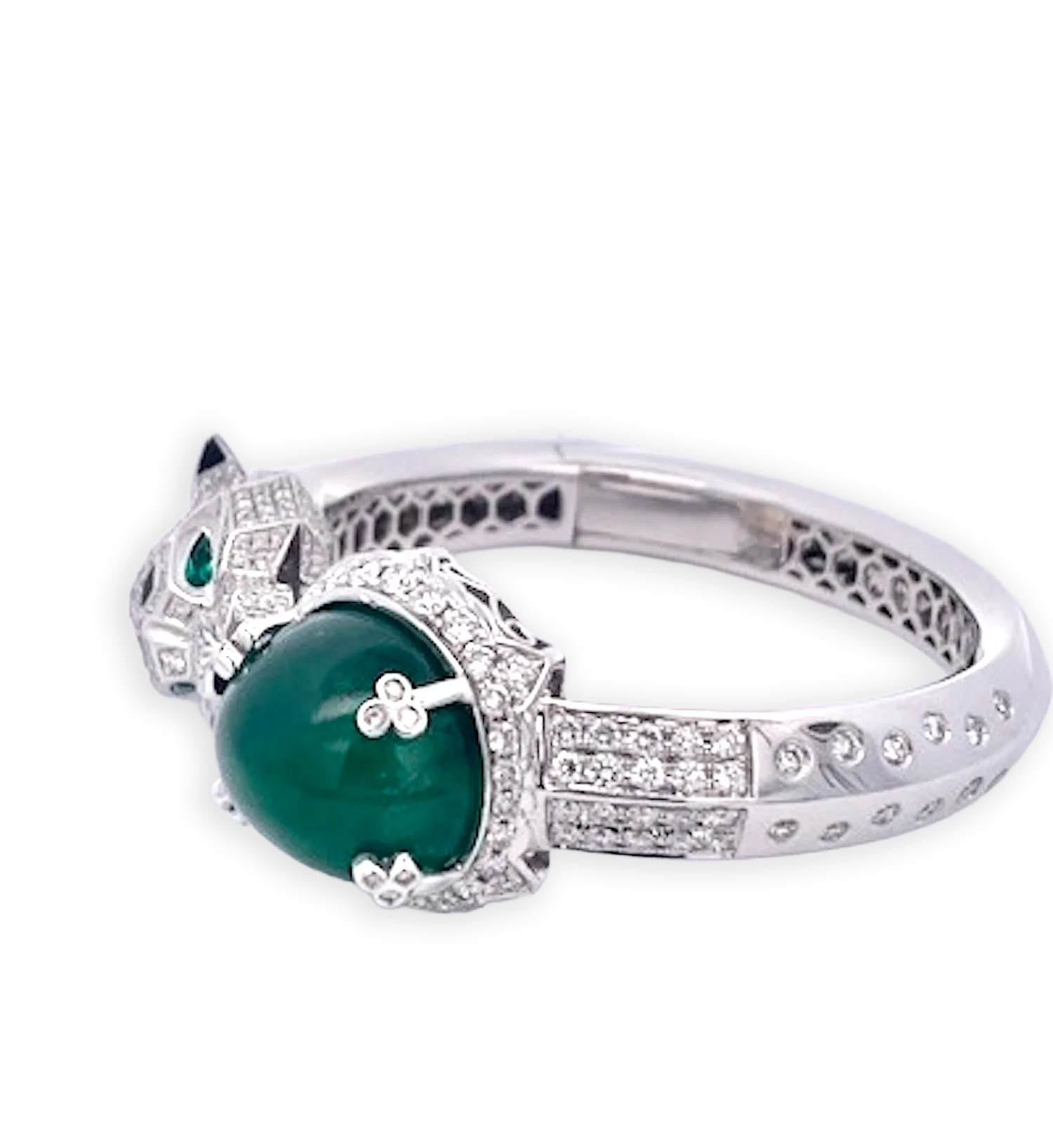 Emerald Diamond Onyx Panthere Bracelet with Large Cabochon Emerald 29.78 cts