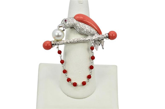 Platinum Diamond Coral Pearl Parrot Brooch