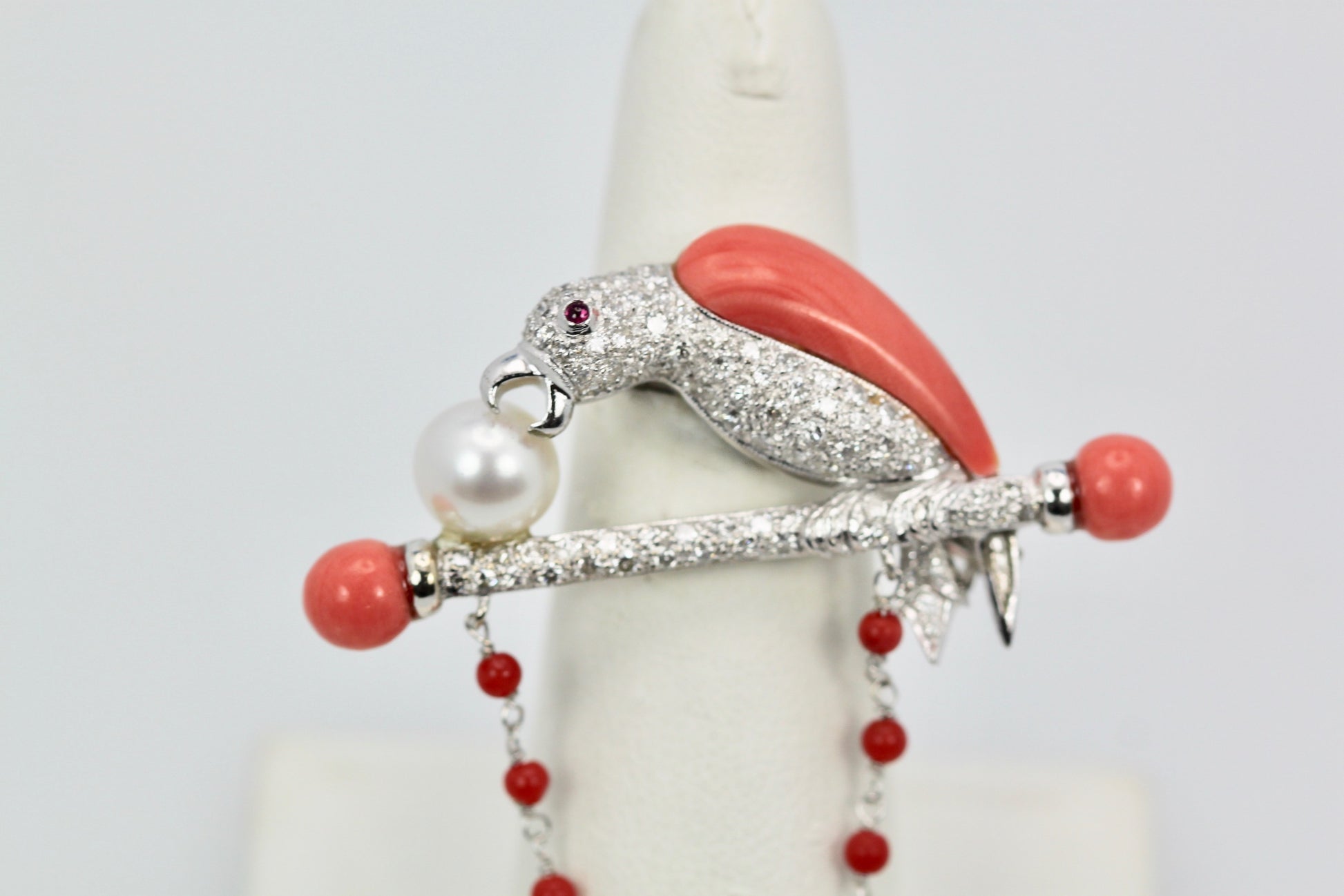 Platinum Diamond Coral Pearl Parrot Brooch