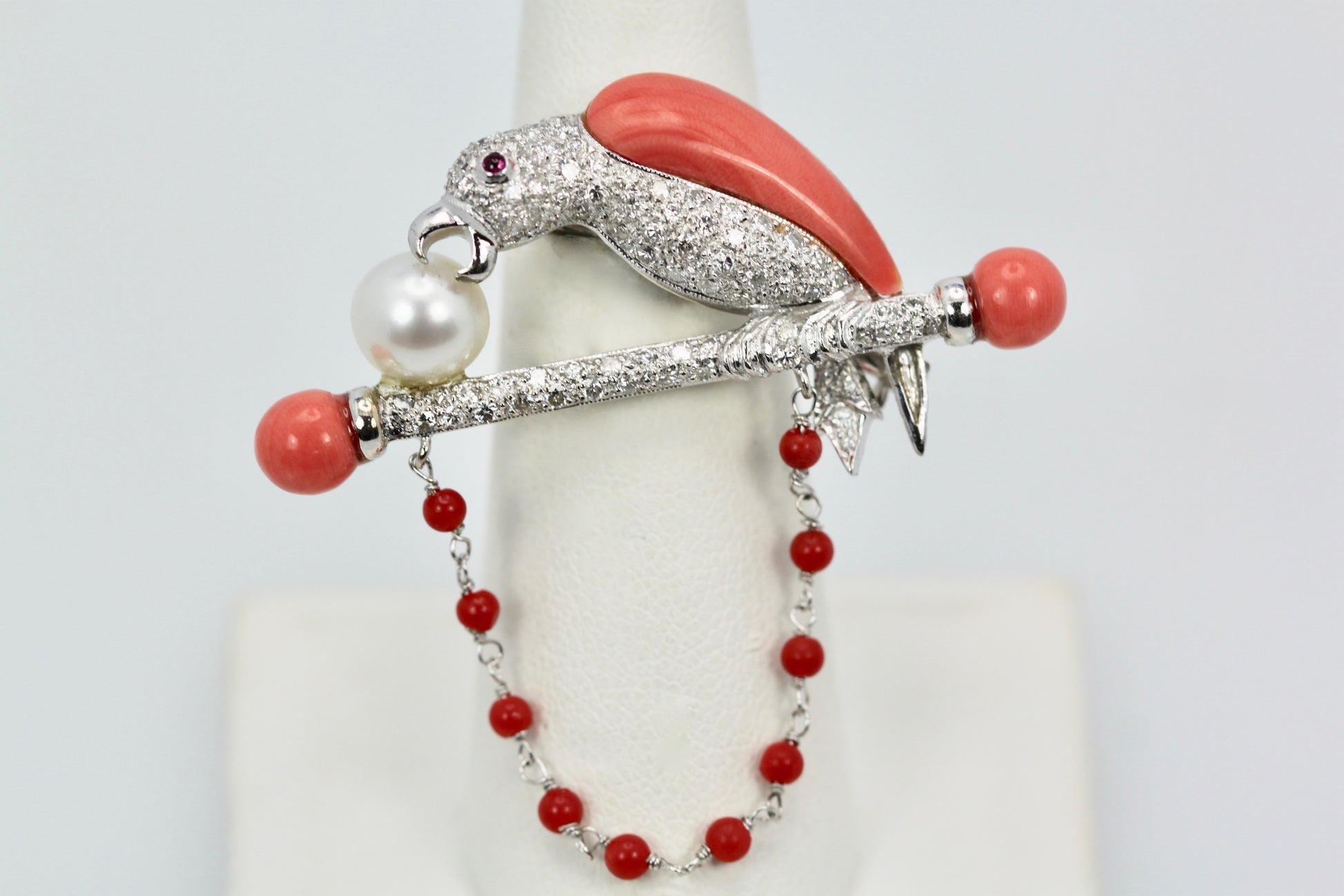 Platinum Diamond Coral Pearl Parrot Brooch