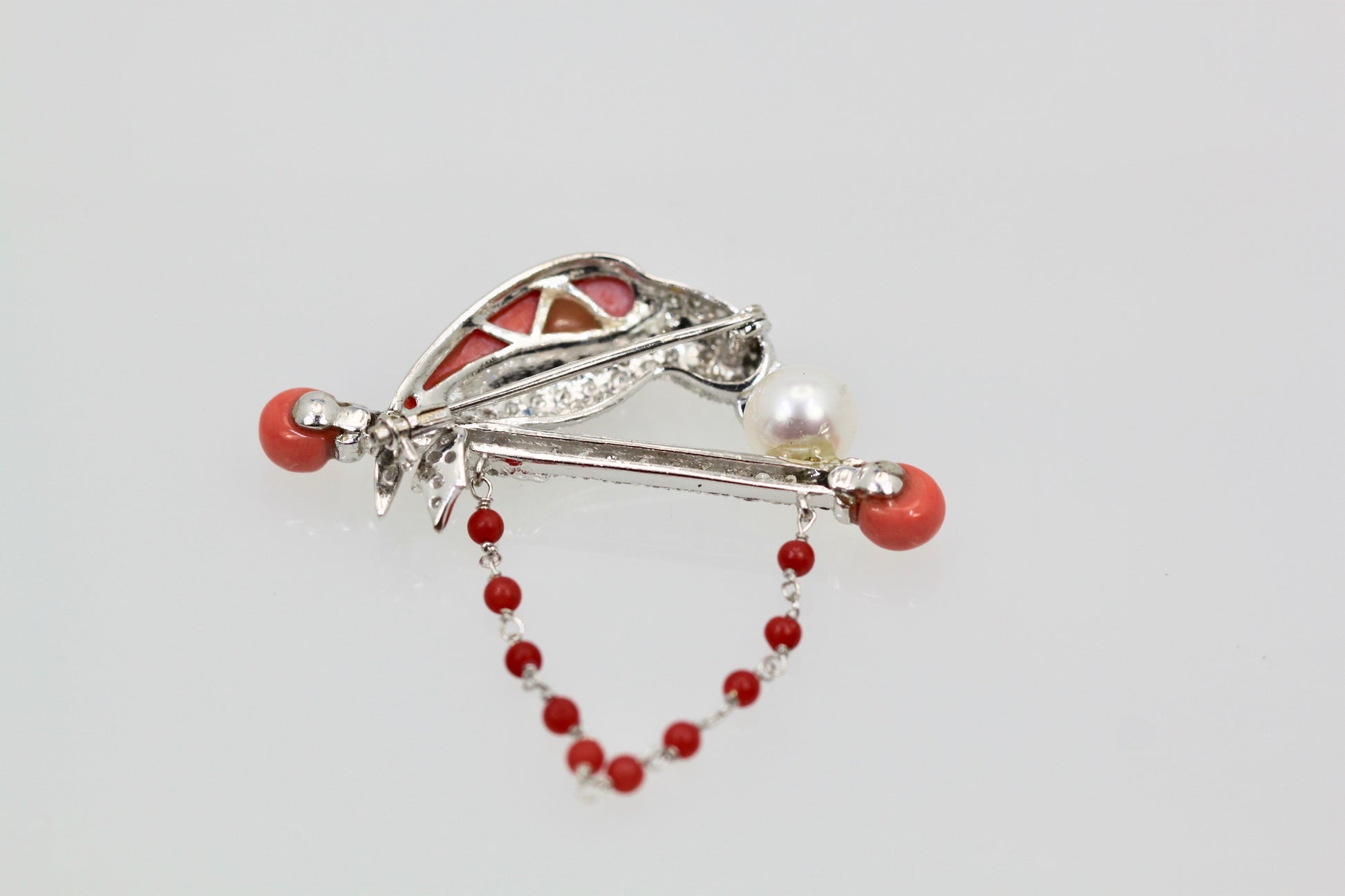 Platinum Diamond Coral Pearl Parrot Brooch