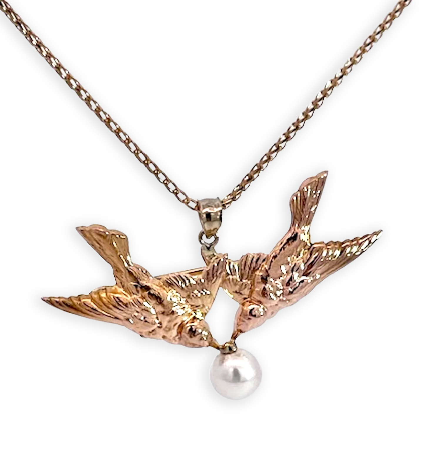 Double Bird Brooch Pendant w/Pearl 14K