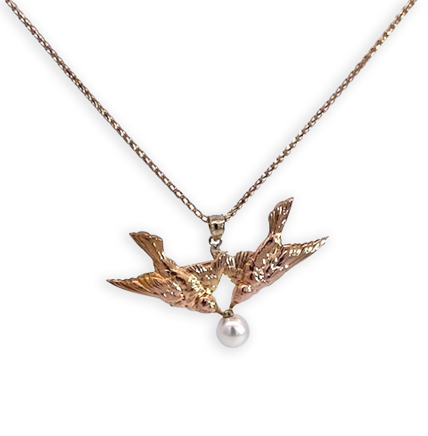 Double Bird Brooch Pendant w/Pearl 14K