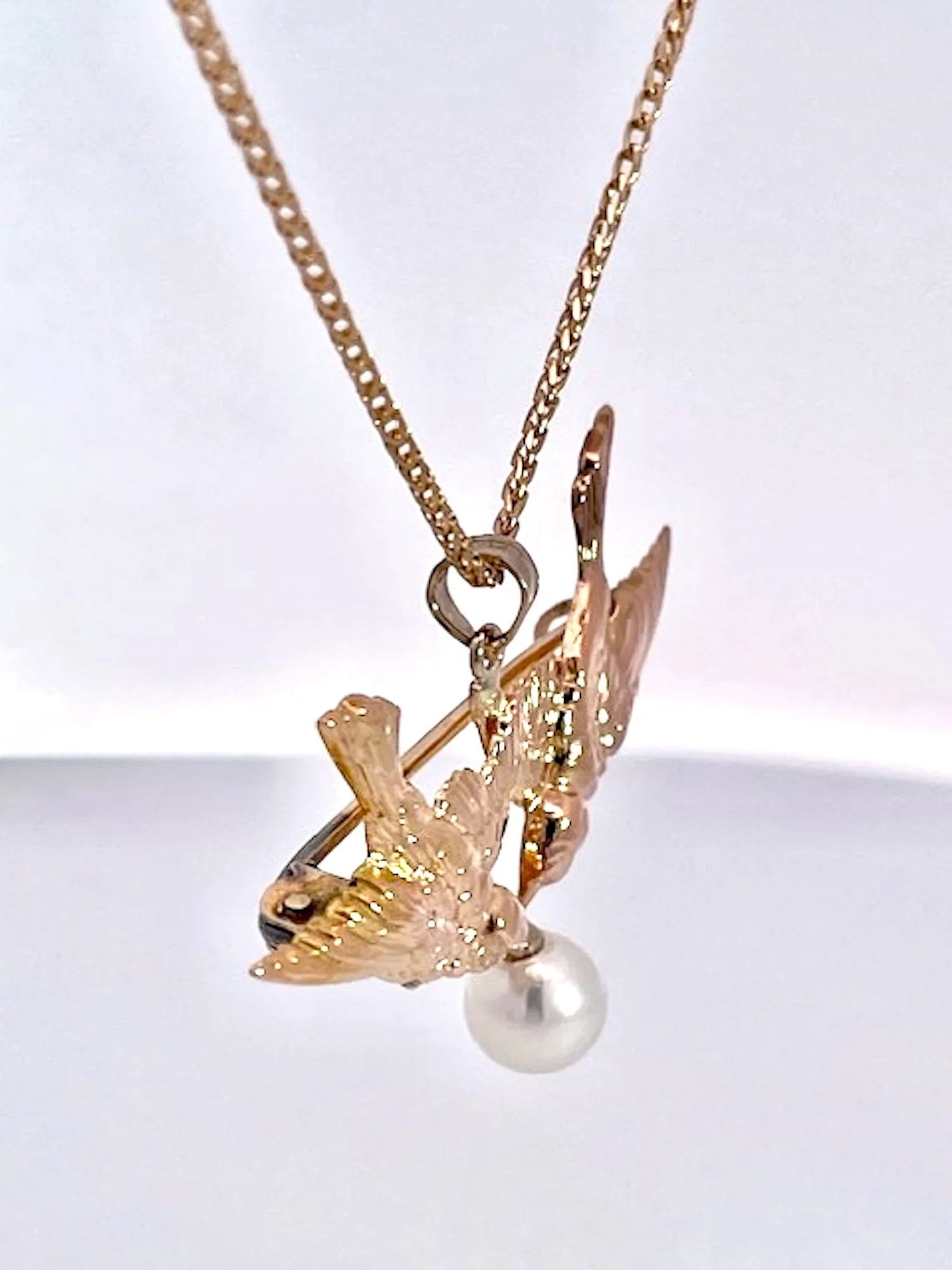 Double Bird Brooch Pendant w/Pearl 14K