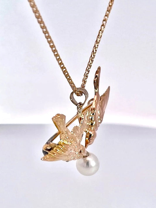 Double Bird Brooch Pendant w/Pearl 14K