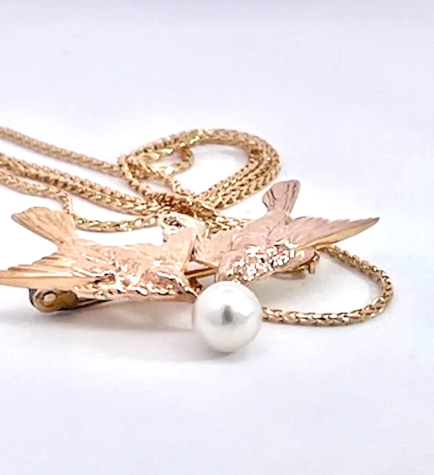 Double Bird Brooch Pendant w/Pearl 14K