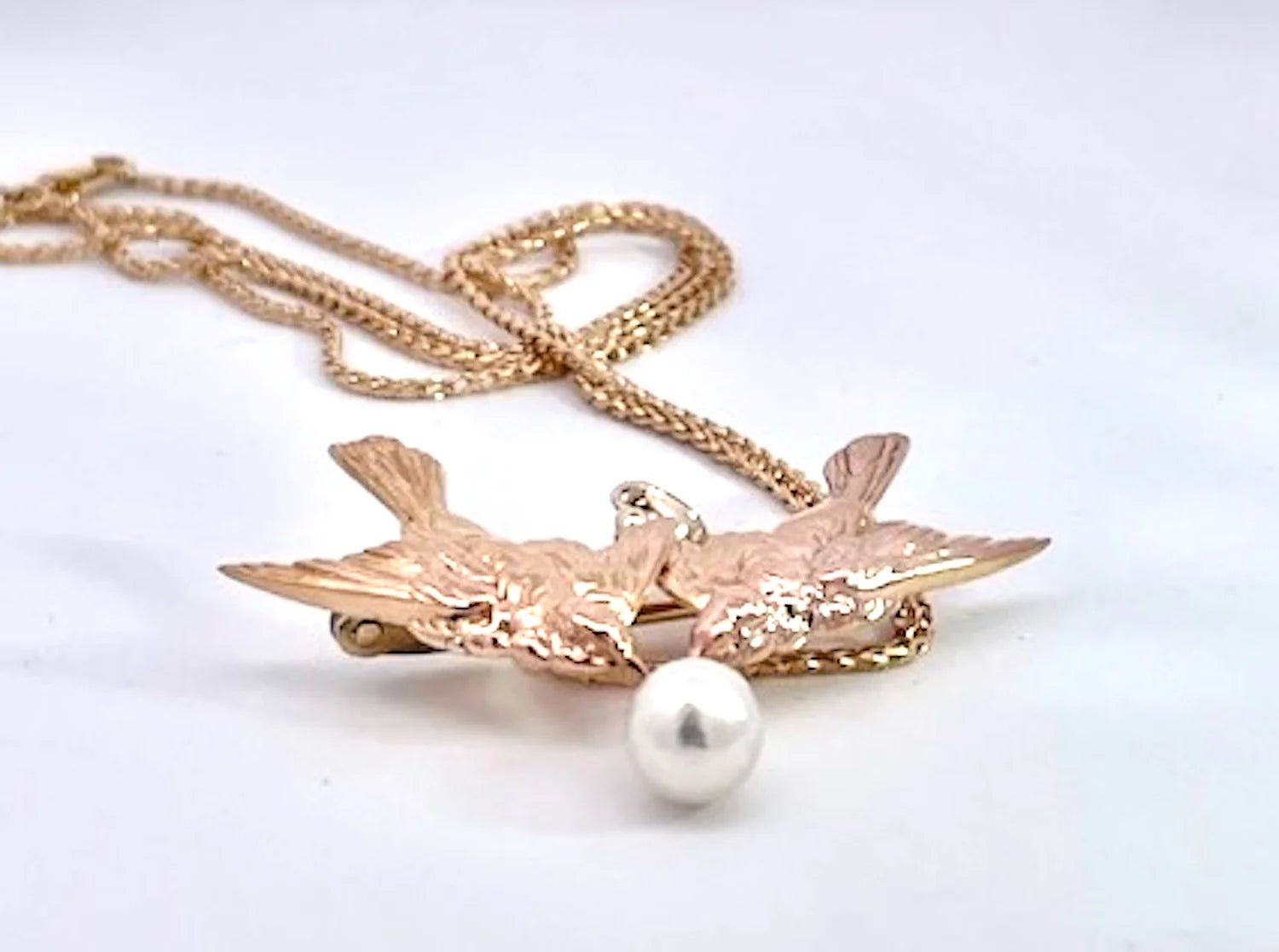 Double Bird Brooch Pendant w/Pearl 14K
