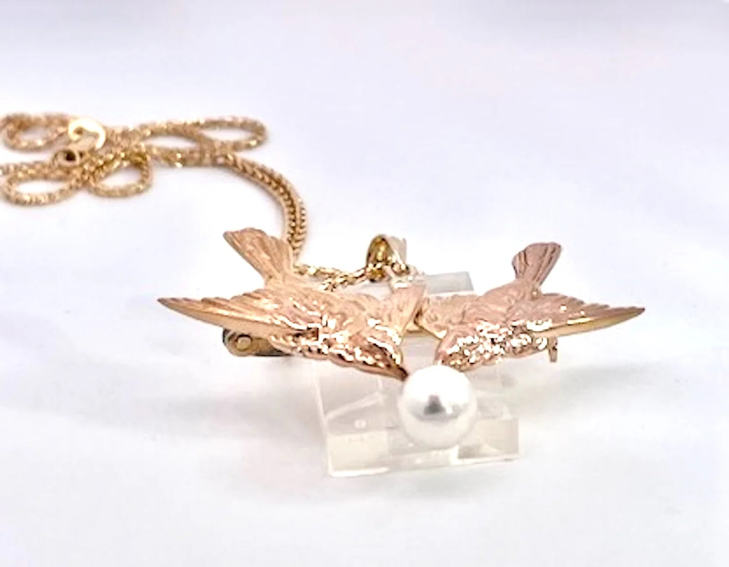 Double Bird Brooch Pendant w/Pearl 14K