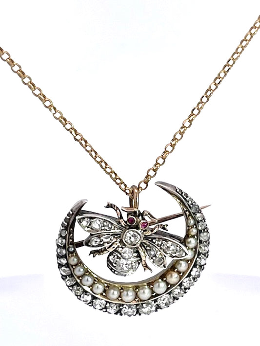 Victorian Diamond Pearl Crescent w/Bee