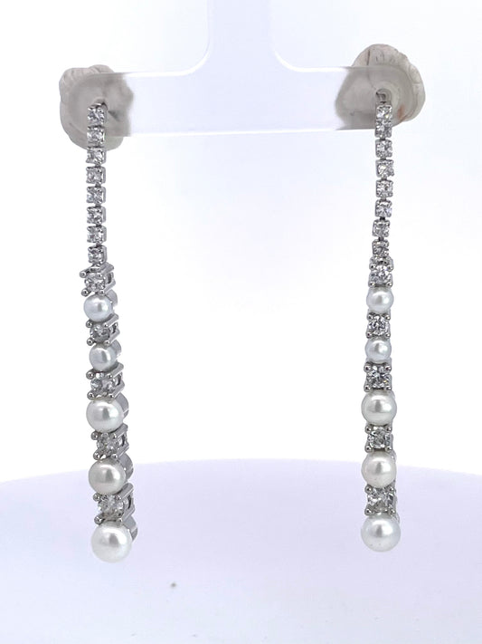 Pearl Diamond Long Earrings 14K