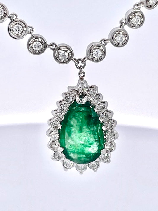 Pear-Shaped Cabochon Emerald & Diamond Halo Pendant Necklace in White Gold
