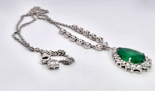 Pear-Shaped Cabochon Emerald & Diamond Halo Pendant Necklace in White Gold