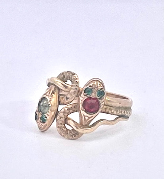 Antique Victorian 14K Yellow Gold Double Snake Ring with Gemstones