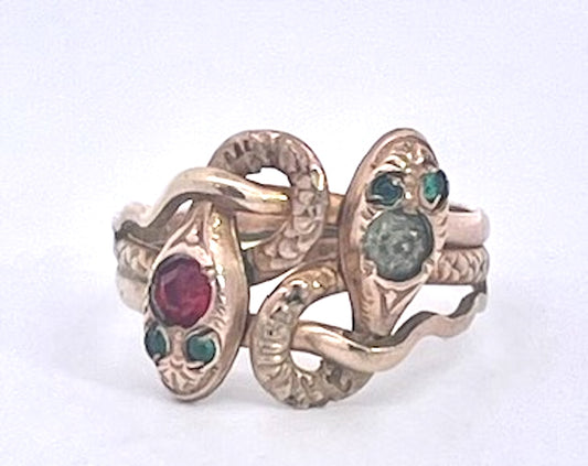 Antique Victorian 14K Yellow Gold Double Snake Ring with Gemstones