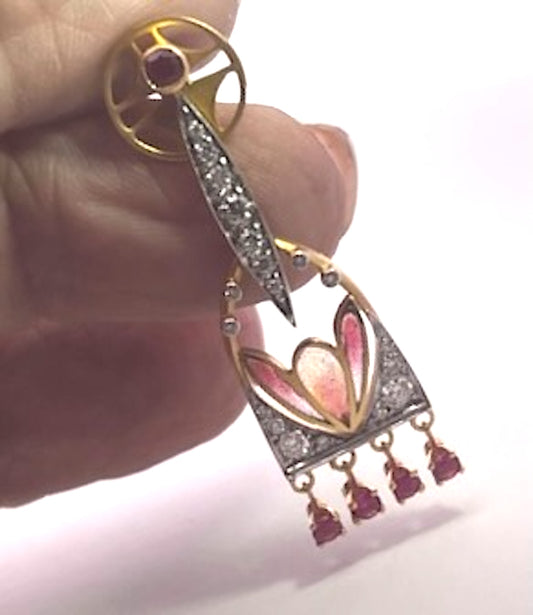 Masriera Diamond Ruby Enamel Chandelier Drop Earrings