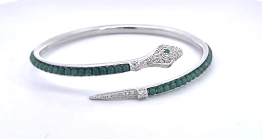 Serpent Wrap Bangle with Green Jade Beads and Cubic Zirconia