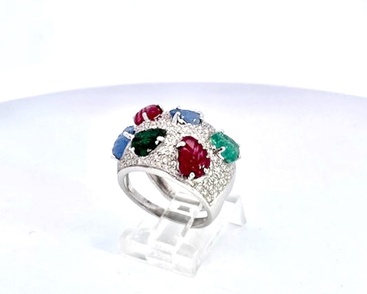 Vintage Multi-Gemstone Cocktail Ring in 18K White Gold, 1990