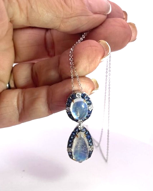Double Drop Moonstone Pendant w/Diamonds and Sapphires 18K