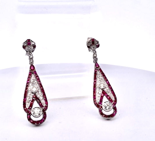 Art Deco 18K White Gold Ruby Diamond Drop Earrings, 2" Length