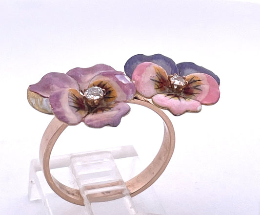 Antique 14K Yellow Gold Double Pansy Brooch with Diamonds, Circa 1960