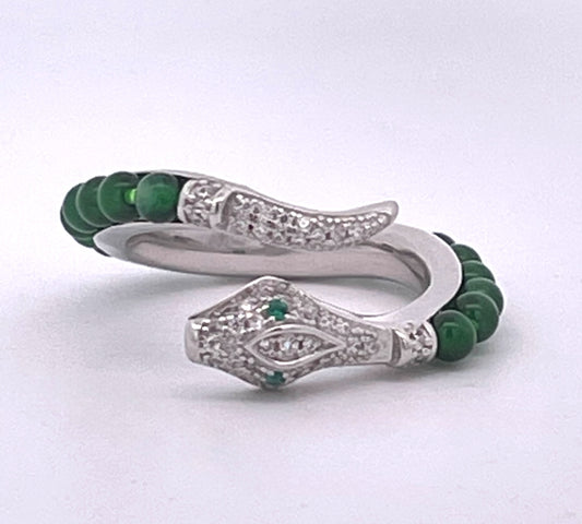 Silver Wrap-Style Cocktail Ring with Green Jade and Cubic Zirconia