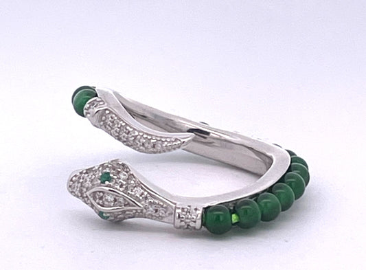 Silver Wrap-Style Cocktail Ring with Green Jade and Cubic Zirconia
