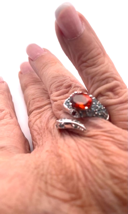 Polished 14K White Gold Garnet and Ruby Cocktail Ring with Blue Topaz