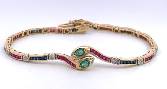 Vintage Yellow Gold Snake Bracelet with Emeralds, Rubies, and Diamonds