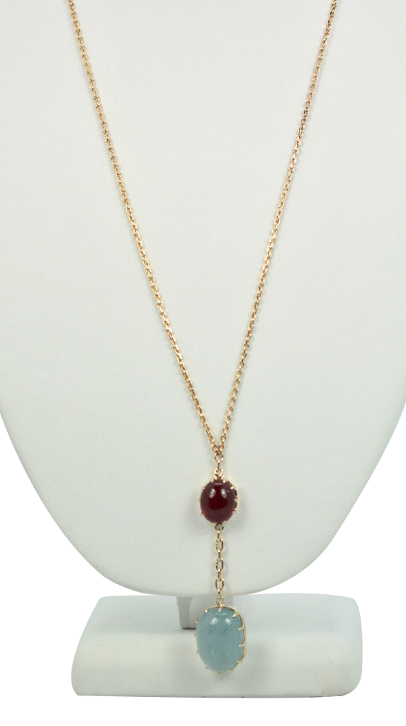 Aquamarine & Ruby Cabochon Necklace