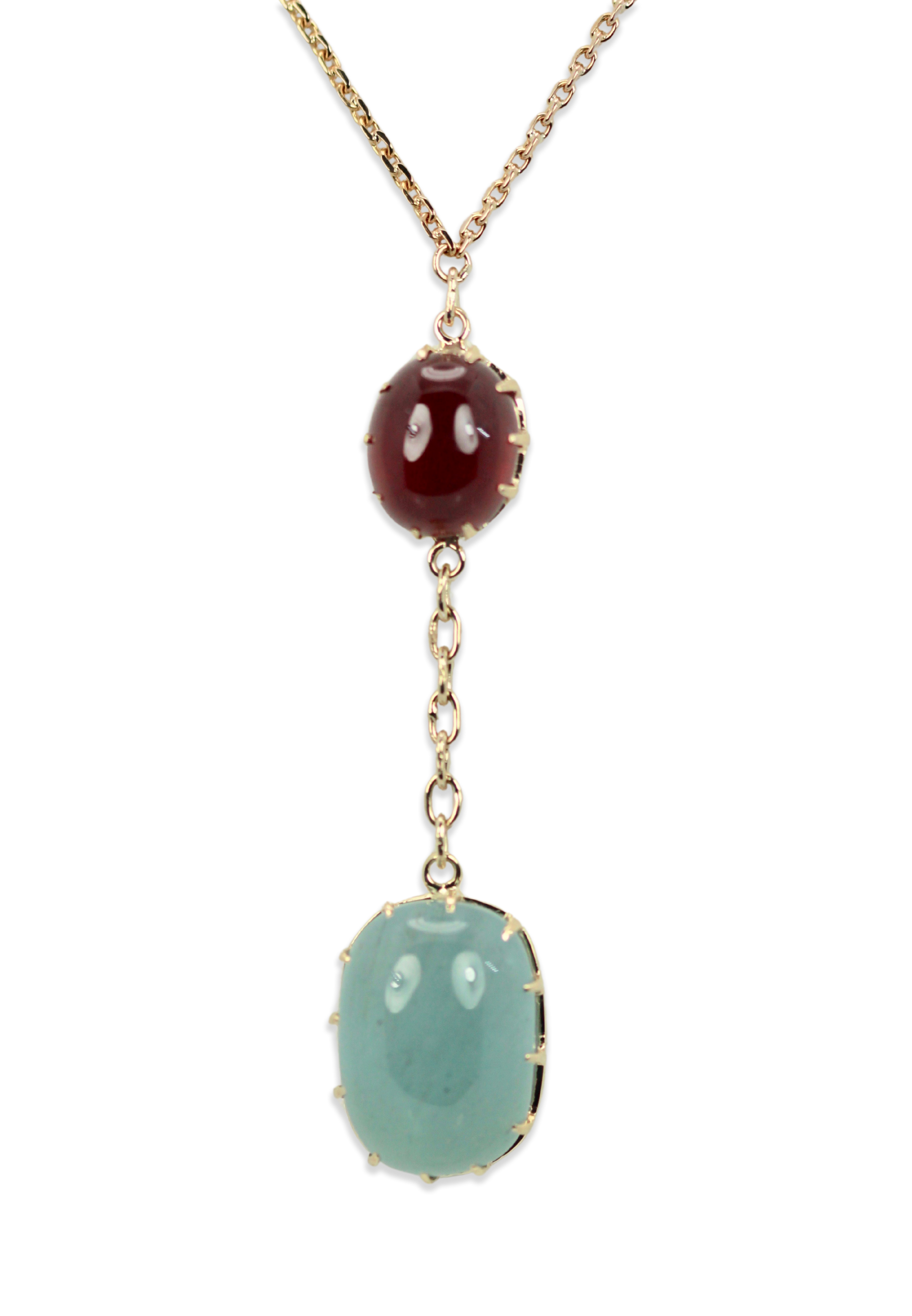 Aquamarine & Ruby Cabochon Necklace