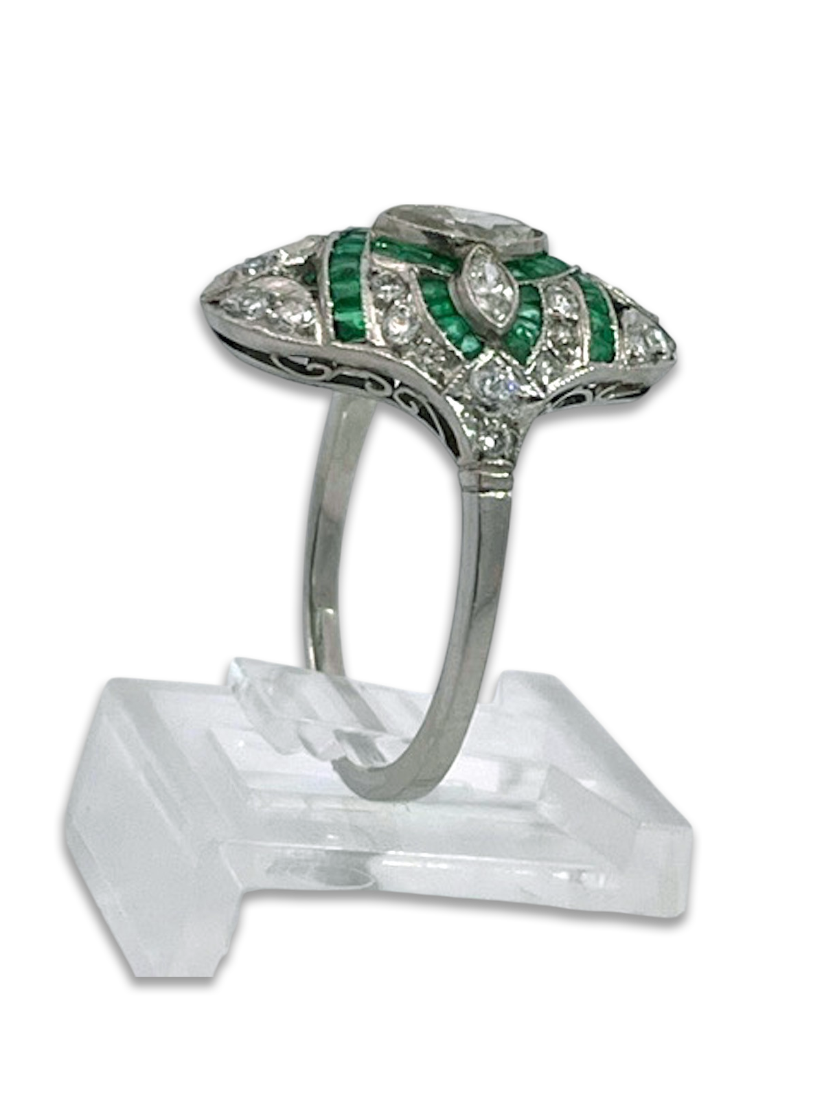 Deco Emerald Diamond Shuttle Ring 18K